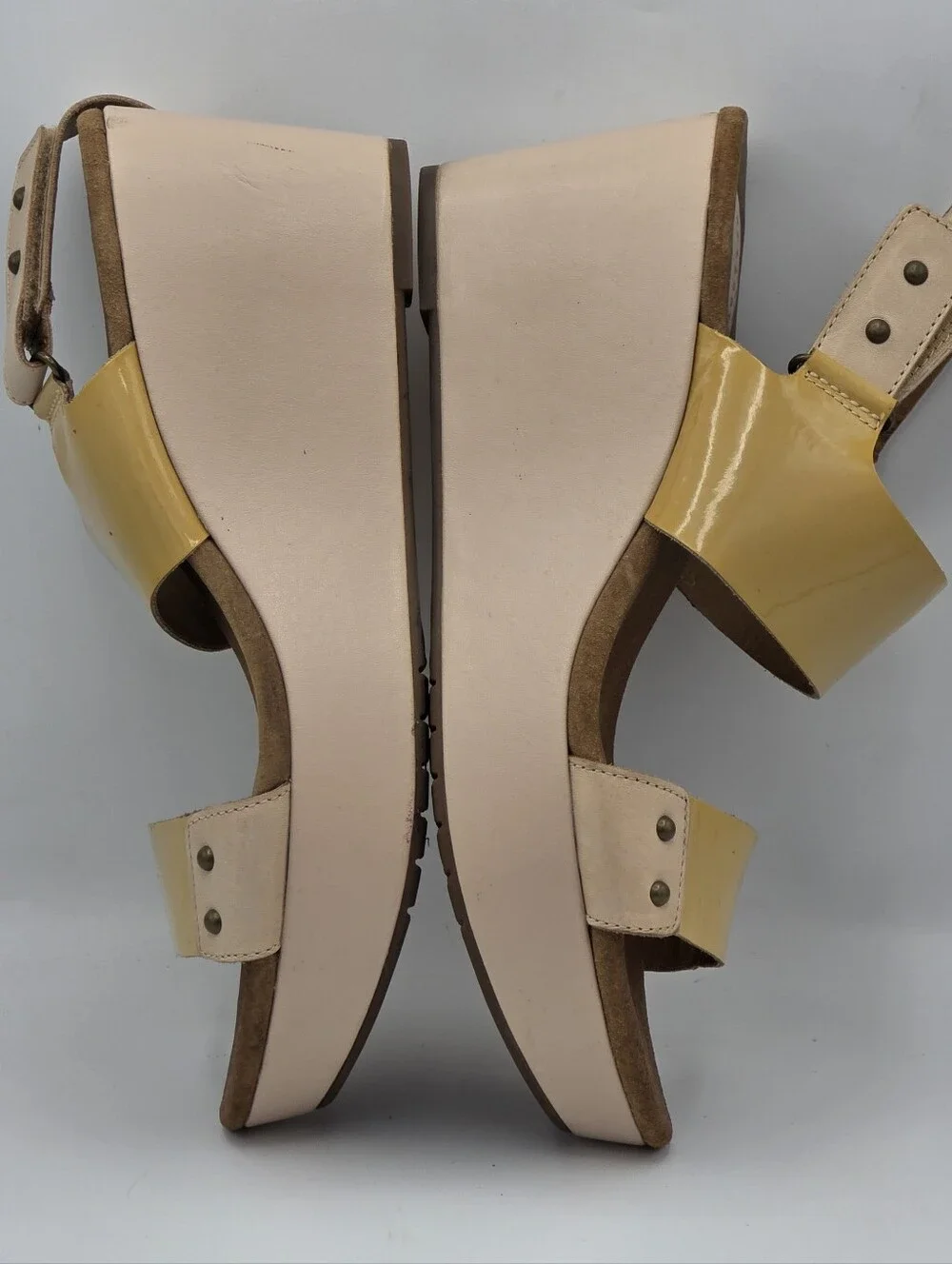 Clarks Yellow Patent Platform Sandals with Cream Trim